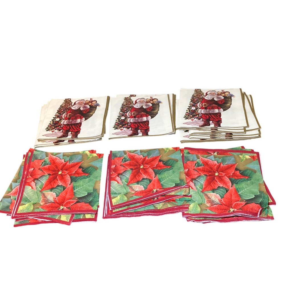 Vintage Christmas Napkins Santa Poinsettia Bundle  18 Santa 16 Poinsettia